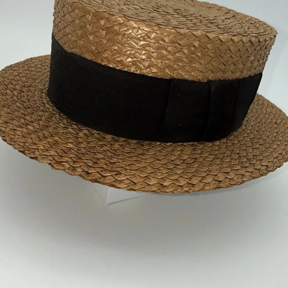 Vintage Boulevard New York Straw Boater‎ Hat Men Brown Black Ribbon Skimmer Hat